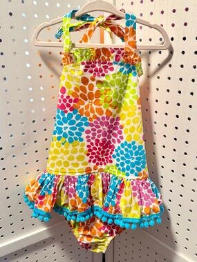 Kelly's Kids Girls Bright Floral Halter Swimsuit PomPom Ruffle Trim Size 5/6